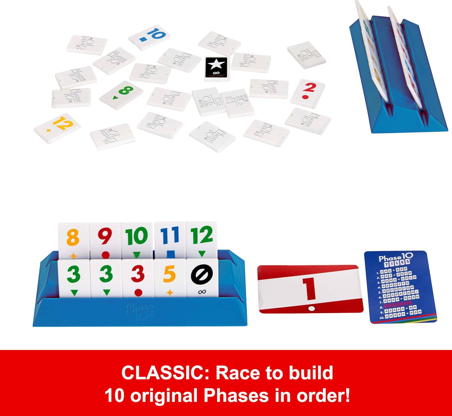 Mattel Games Phase 10 Tiles Game, Quick Family Rummy-Type Play with 32 Cards Fea