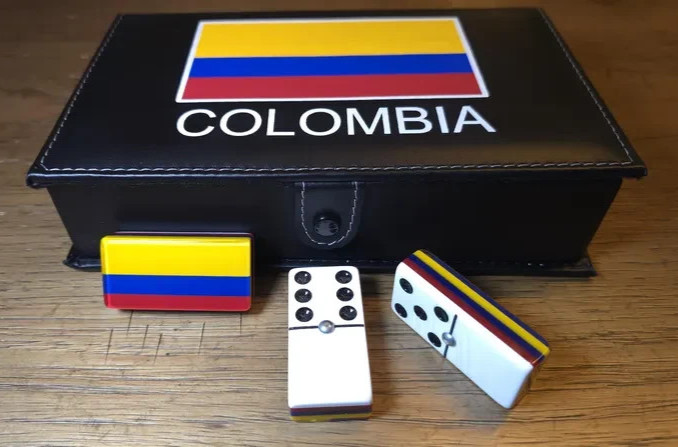 Colombia Jumbo Domino Set, Double 6, Metal Spinner, Leather Case