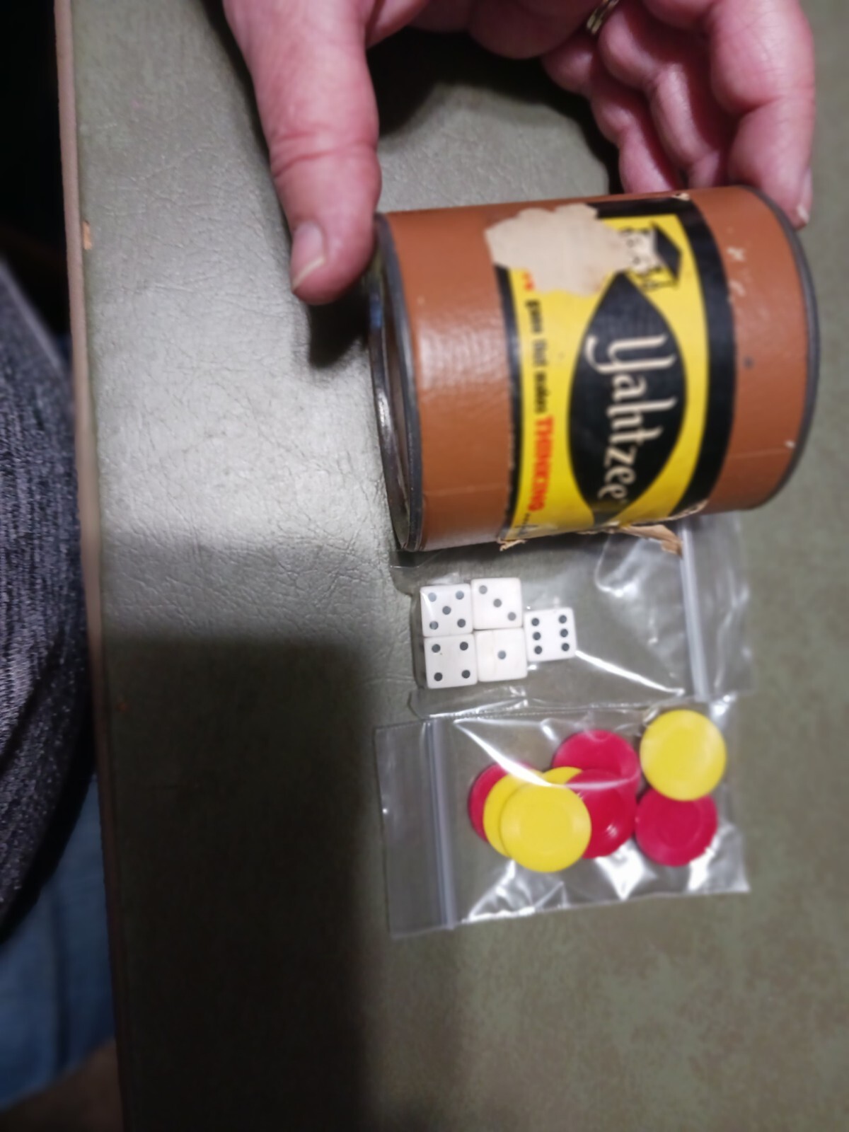 Vintage Yahtzee Replacement Game Pieces Dice Cup, chips, 5 dice 1/2″
