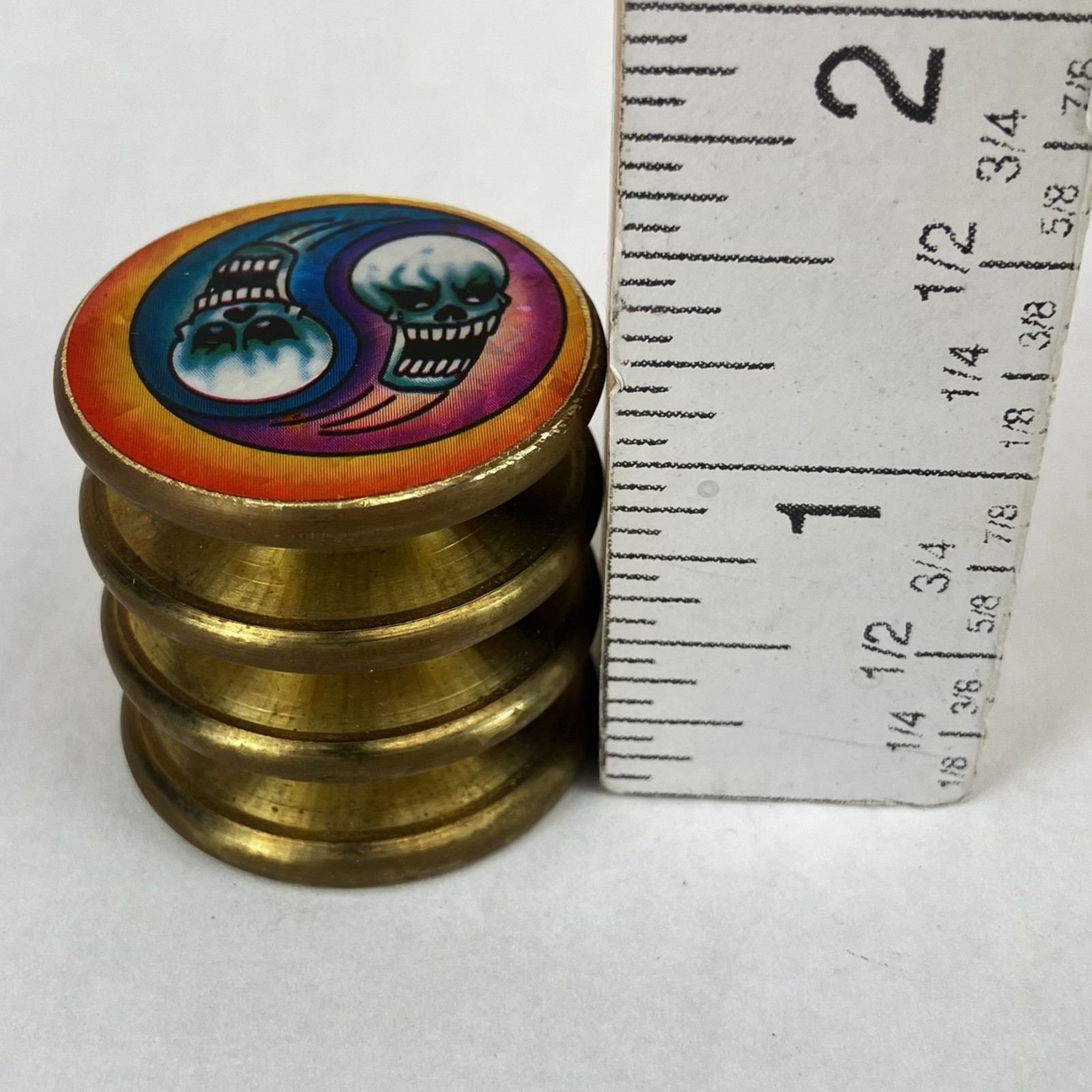 1.25″ Tall 4 oz Heavy Brass Double Sided Poison Skull Ying Yang from Mid 1990s