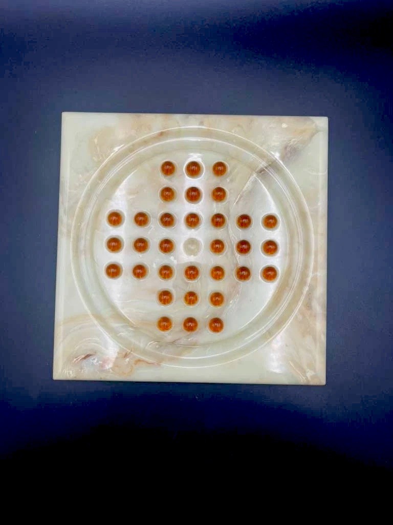 Vintage Onyx Marble Solitaire Board Game Natural Stone 33 Hole Strategy Puzzle