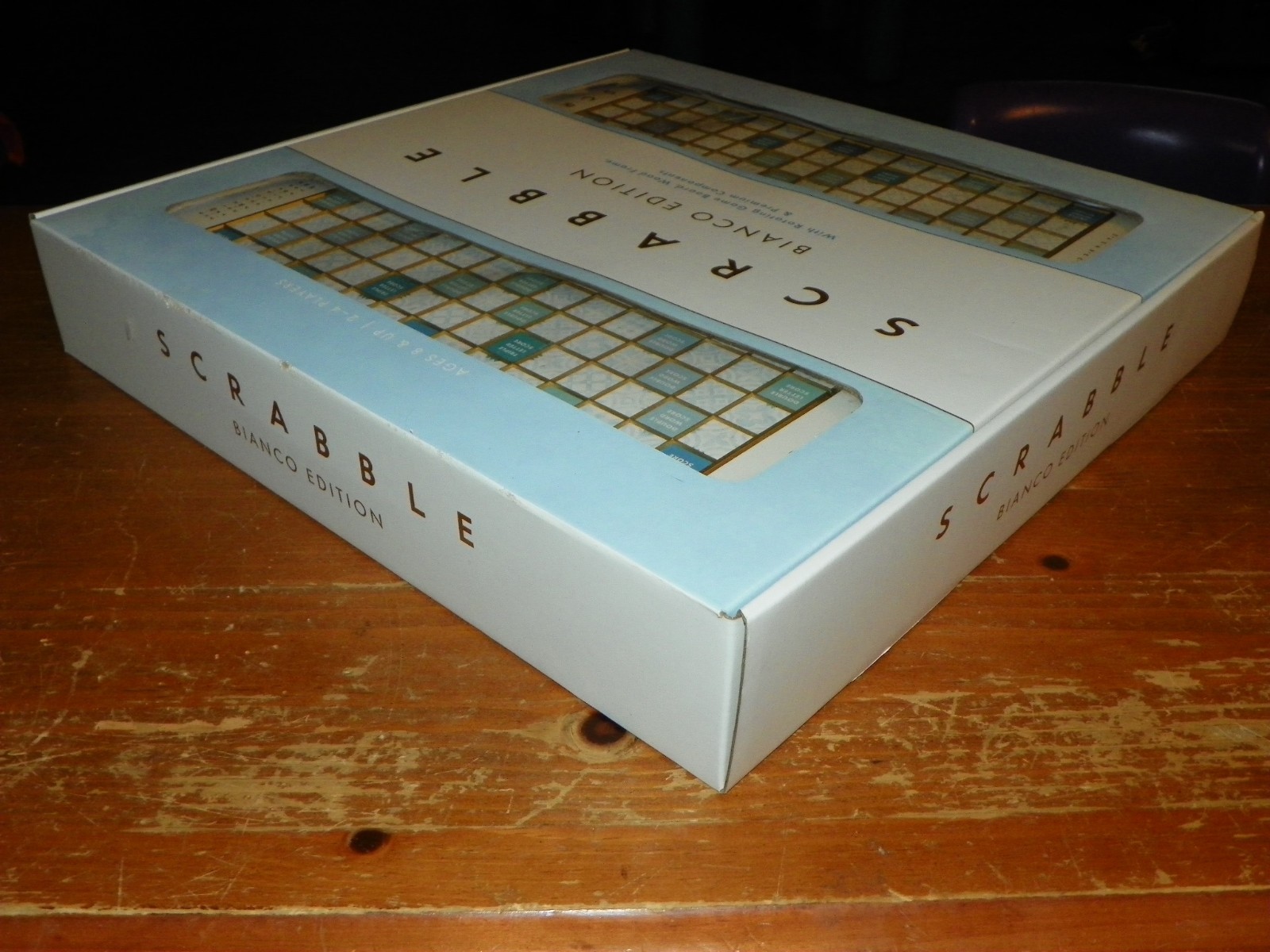 WS Game Company Scrabble Bianco Edition with Rotating Wooden Game Board NEW