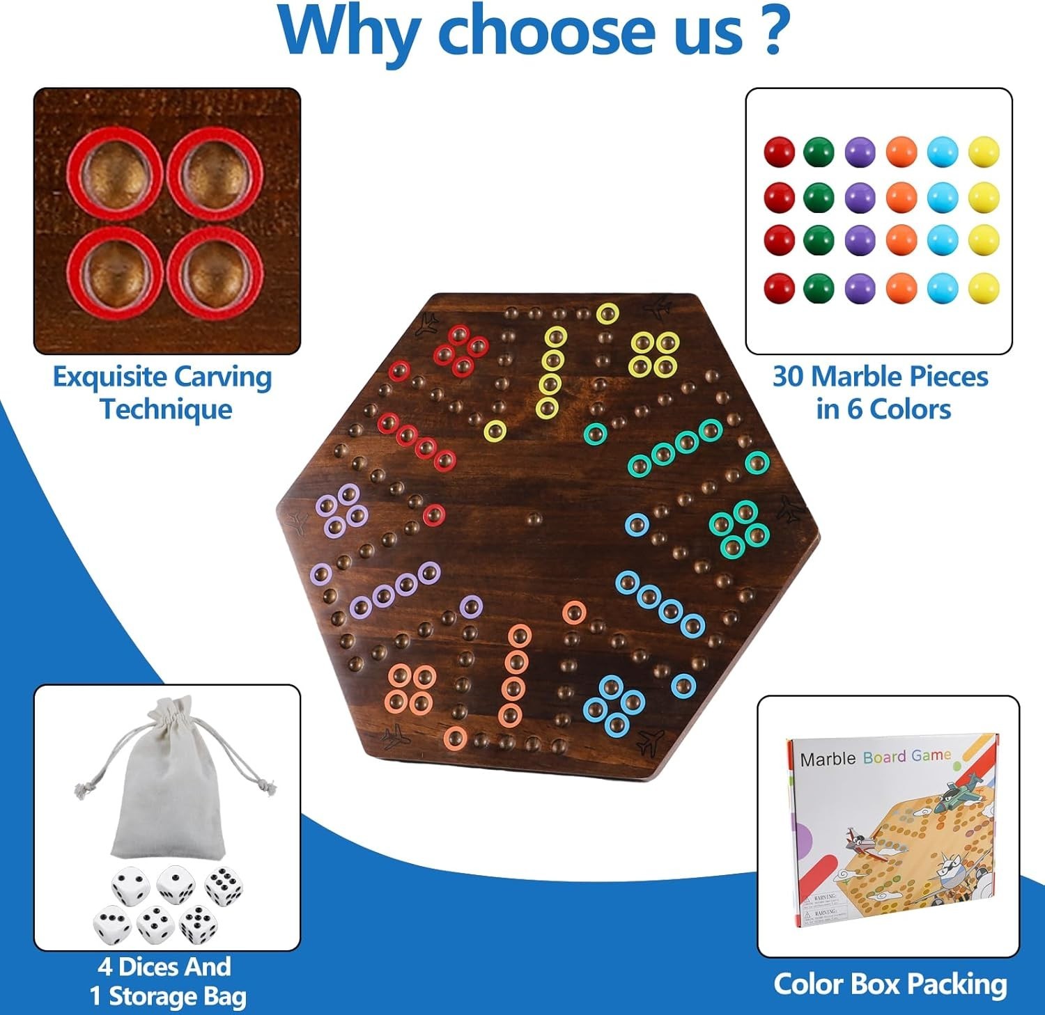 NEW 20in Wood Wahoo Marble Board Game 2 Sided 4-6 Player Rustic Brown 6Dice