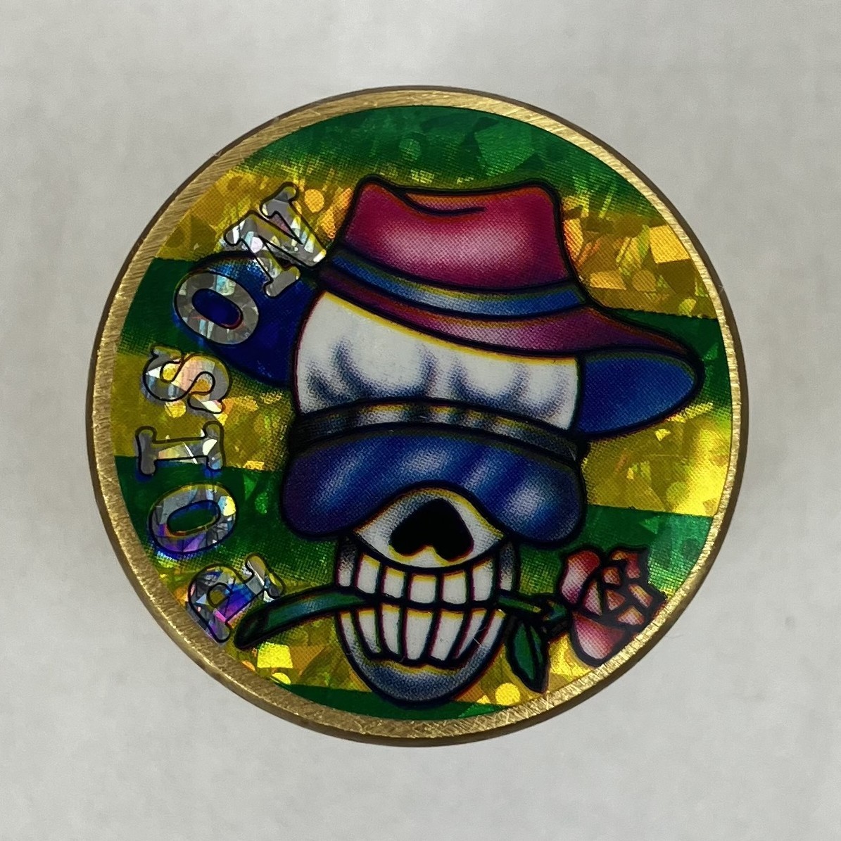 1.25″ Tall 4 oz Heavy Brass Double Sided Poison Skull Ying Yang from Mid 1990s