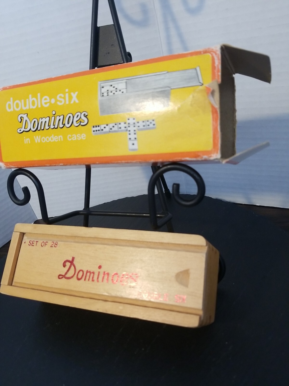 Hey! Play! VTG Double Six Dominoes Wood Dovetail Case, Original Box, 1980s