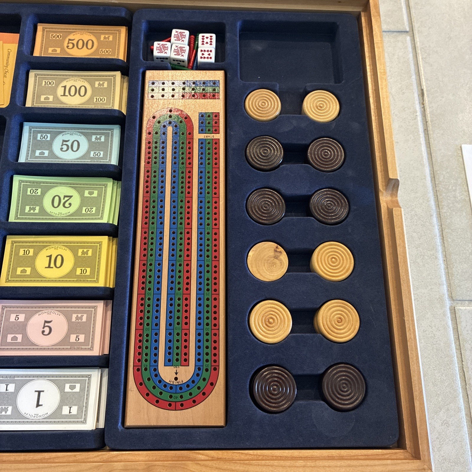 2003 Wood Case Monopoly/Sorry/Cribbage/Checkers/Chess/Cards/Poker Dice Read