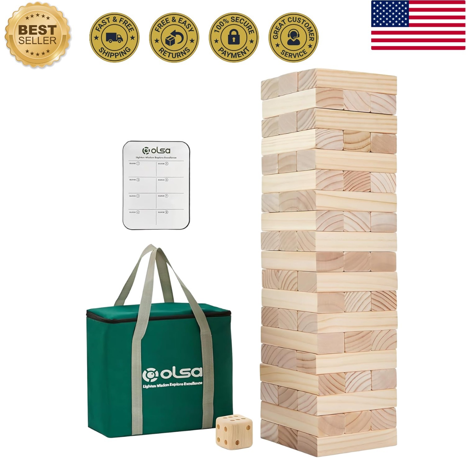 57-Piece Giant Tumble Tower Game with Carrying Bag, 4.2 Ft for Parties & Camping