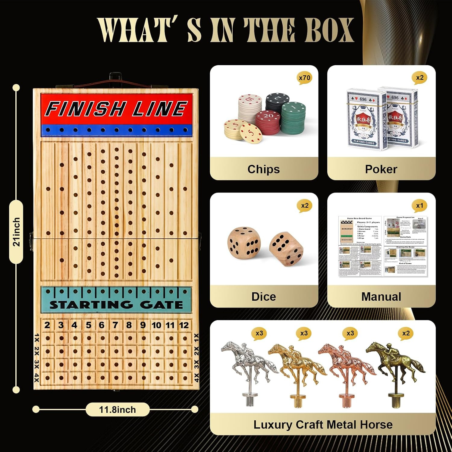 21 Inches Horse Racing Game, Horse Race Board Games with 11 Luxury Metal Horses,