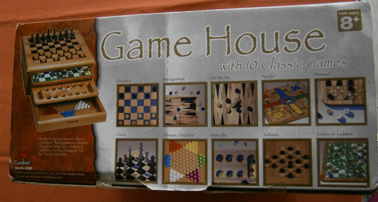 2002 Cardinal GAME HOUSE 10 Games WOOD Boards & Box Chess Checkers Pachisi Snake