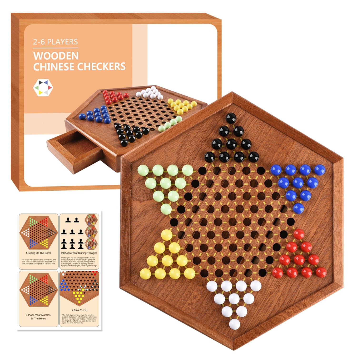 Wooden Chinese Checkers with Drawers 12 Bonus Spare Marbles| Natural Wooden B…