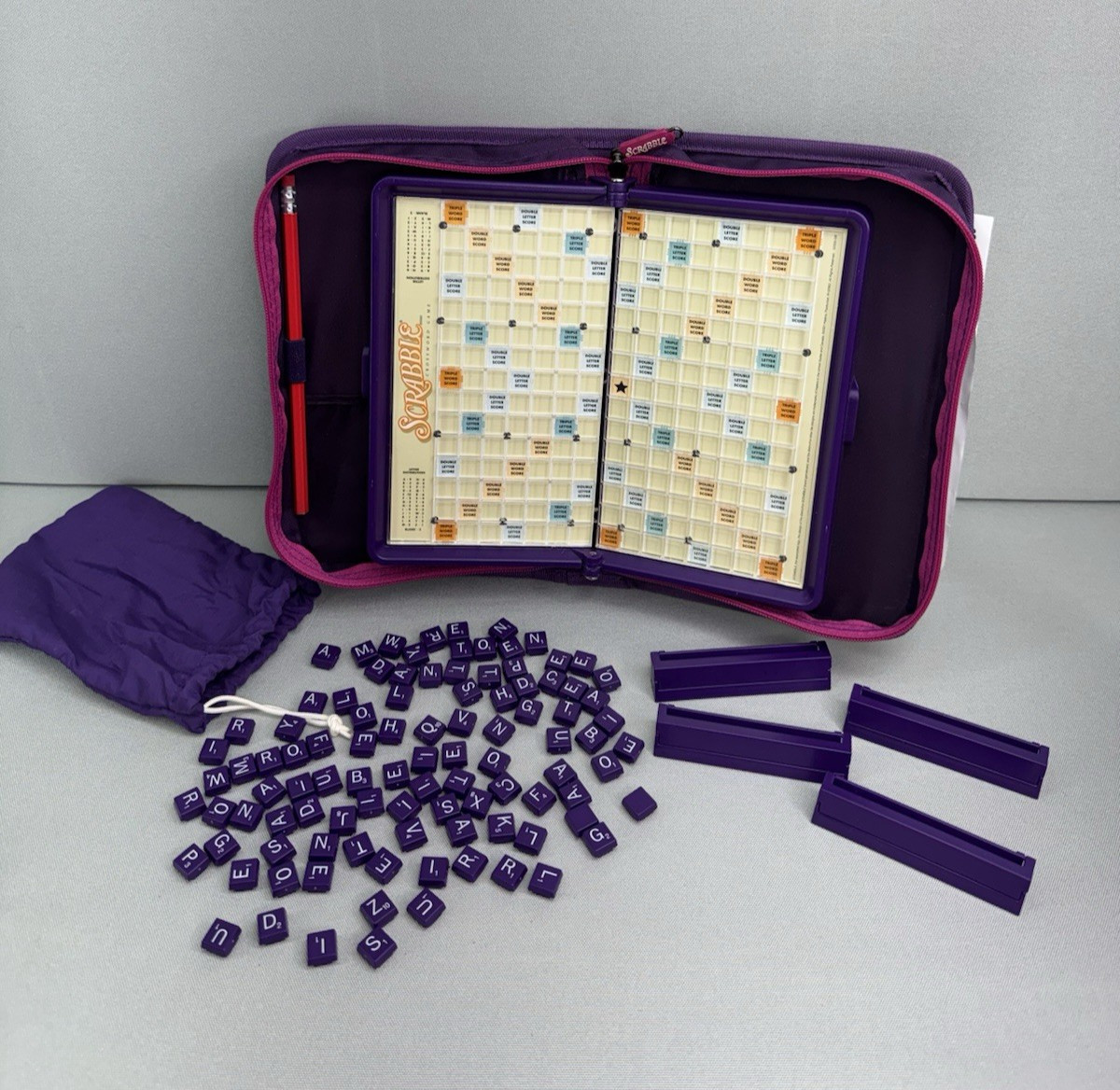 2002 Scrabble Travel Game Purple Complete All Tiles Pocket Edition Hasbro READ