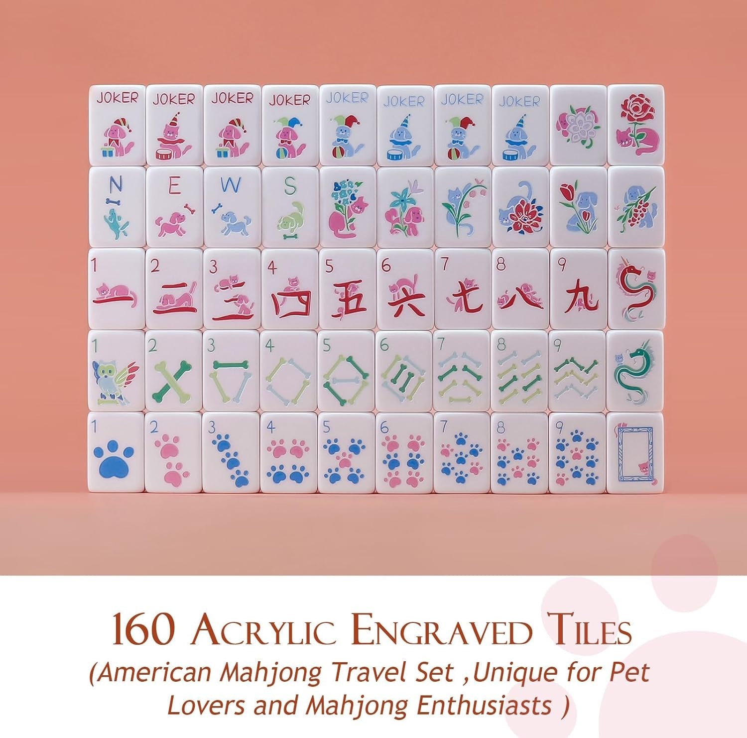 Dogs and Cats Themed Mahjong Tile Set – 160 Acrylic Engraved Tiles & American Ma