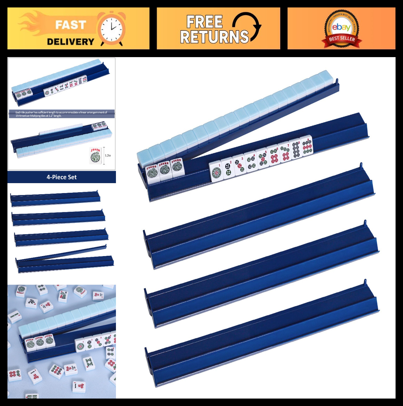 Mahjong Racks with Pushers (4 PCS, Dark Blue) for 166 American Tiles – All-in-On