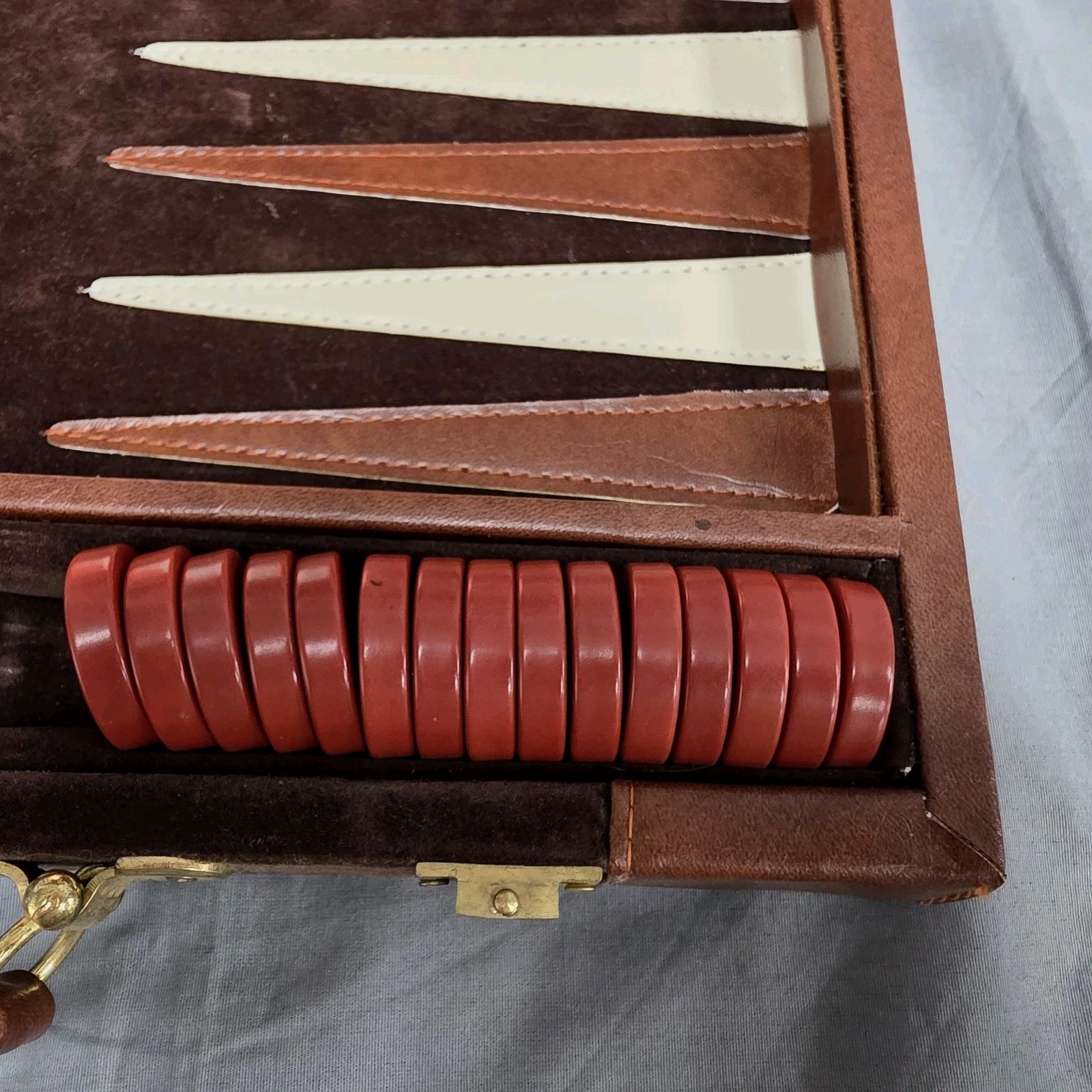 Vintage Backgammon Game Set Velvety Brown Briefcase Type TAIWAN Complete