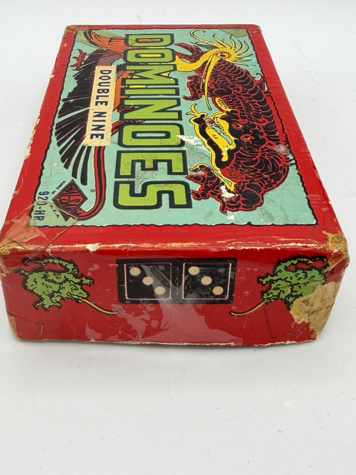 Vintage Double Nine Dominoes Dragon Box Colored Dots 55 Tiles Read