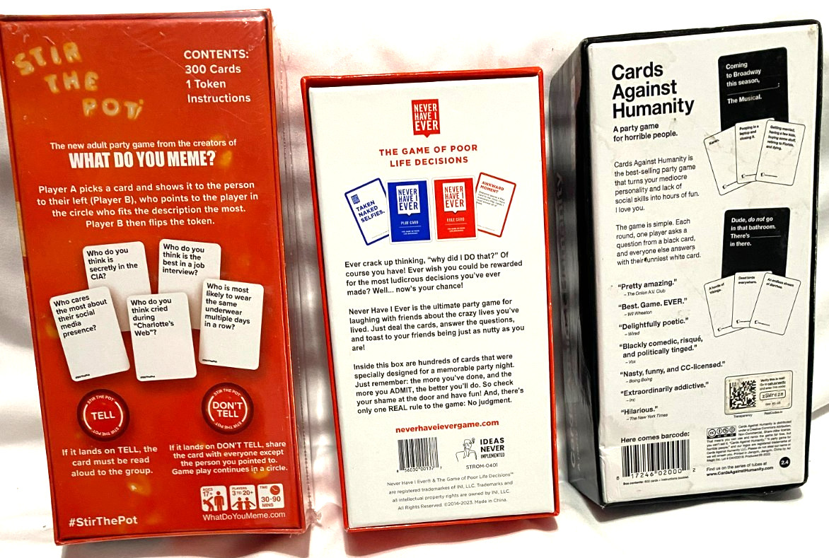 3 Adult Party Games Cards Against Humanity, Never Have I Ever, Stir The Pot
