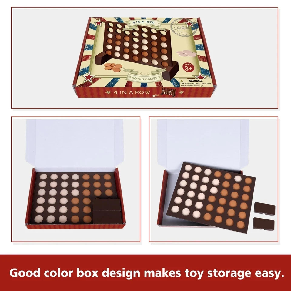Wooden 4 in a Row Game, Classic Strategy Game for Kids and Adults, Connect The 4