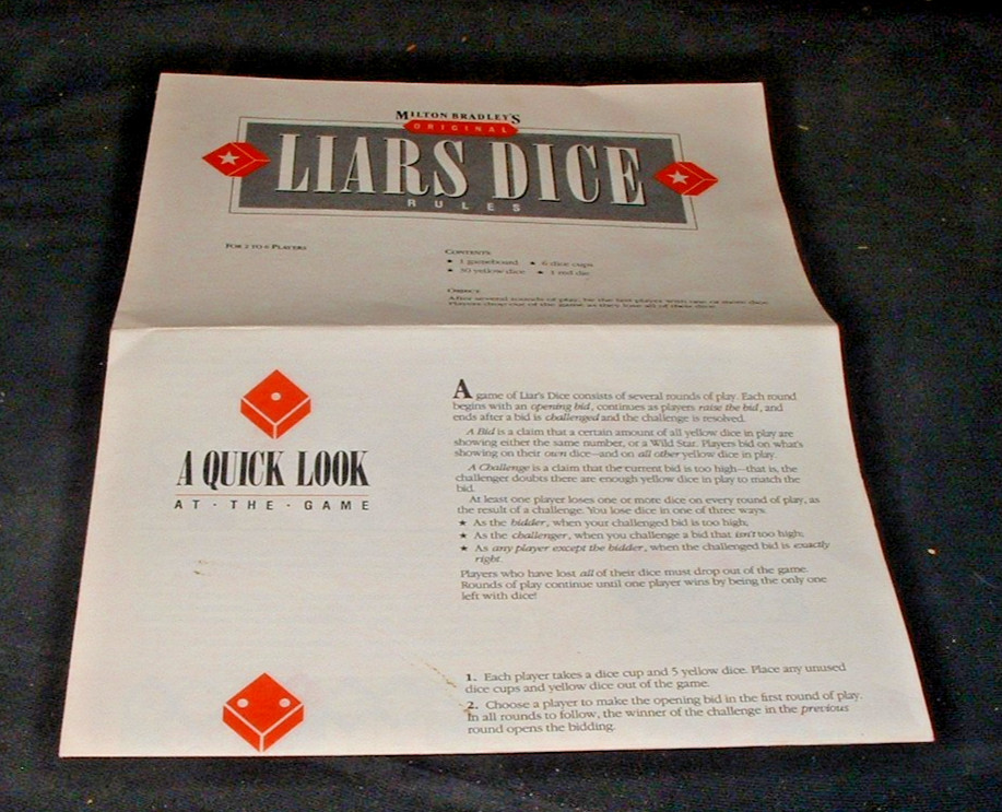 Vintage Milton Bradley Original Liar’s Dice Board 1987 Game – Complete Set