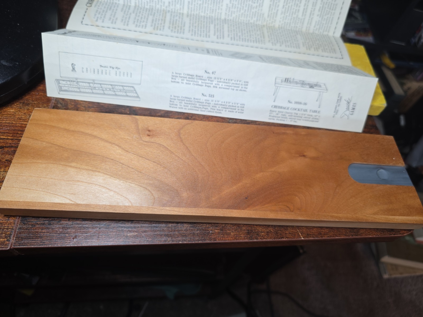 Vtg Drueke’s Cribbage Board Natural Hardwood In Box With 8 Pegs & Instructions