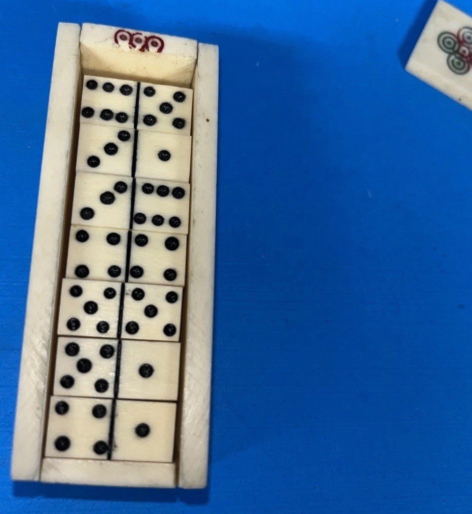 Miniature Bone Domino Set Slide Lid Box Mexican Folk Art 1960s Vintage