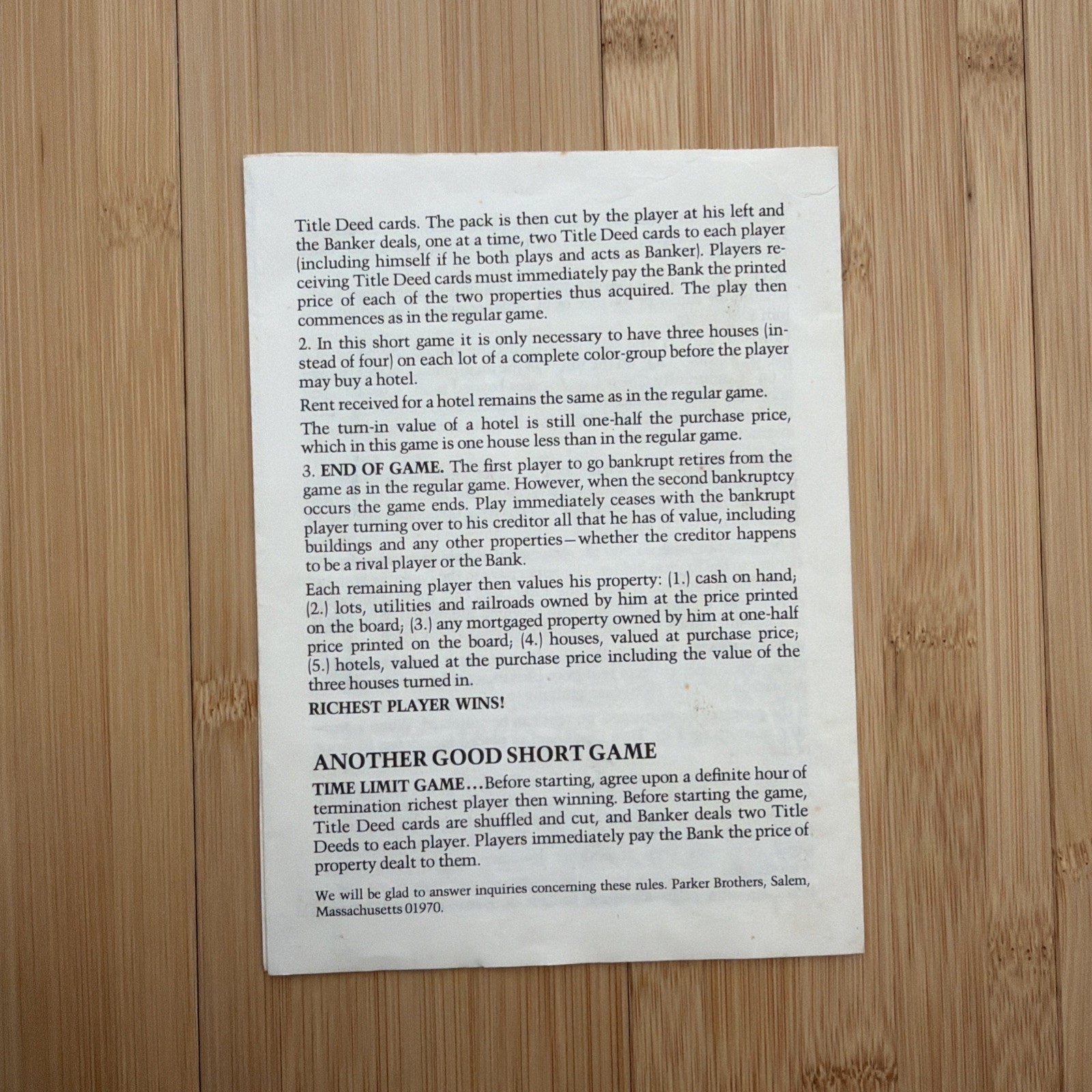 Monopoly Game Instructions Rules Replacement Regular and Short Games 1973-1961