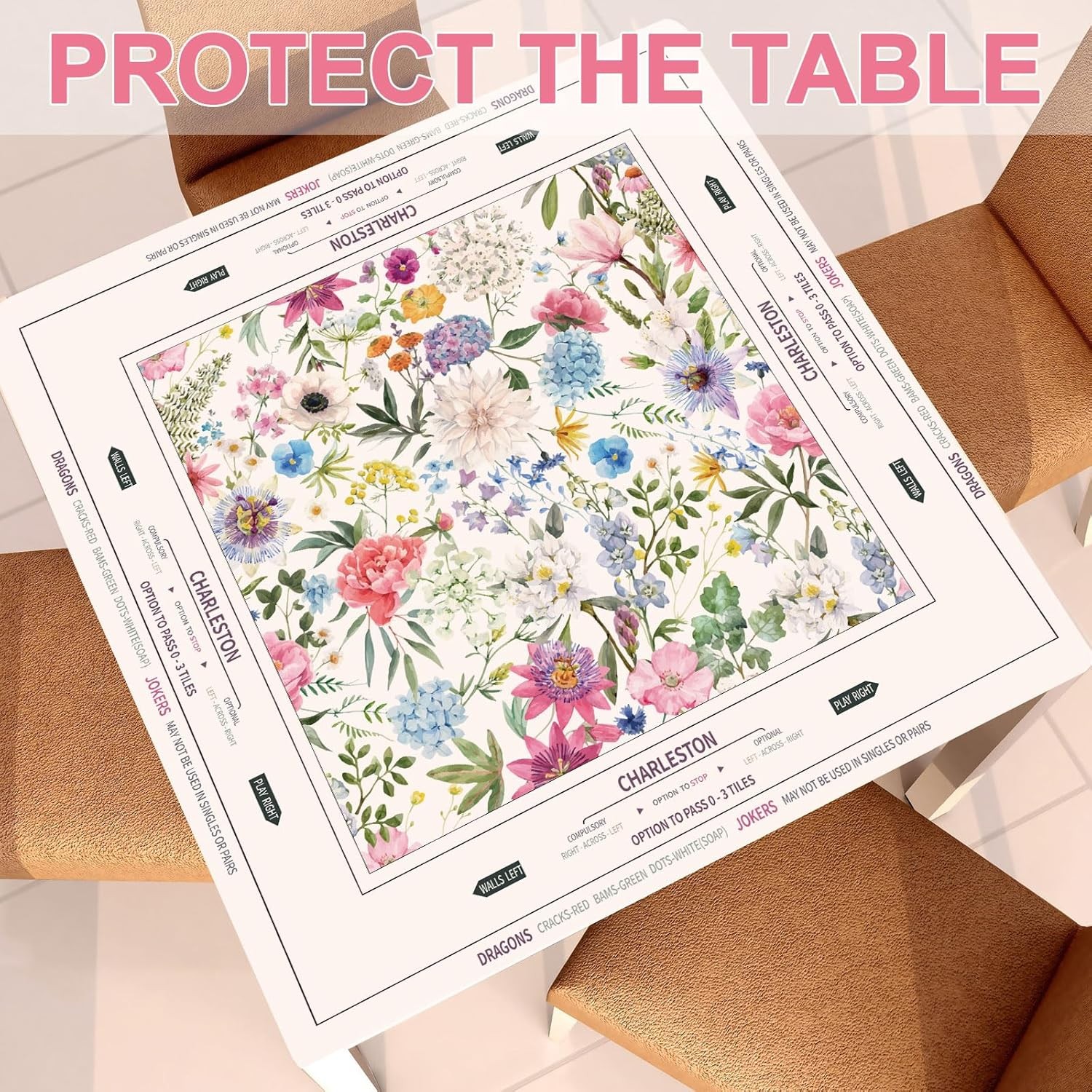 Chinoiserie Mahjong Mat 31.5″ x 31.5″ Colorful Floral Mat Anti Slip & Noise