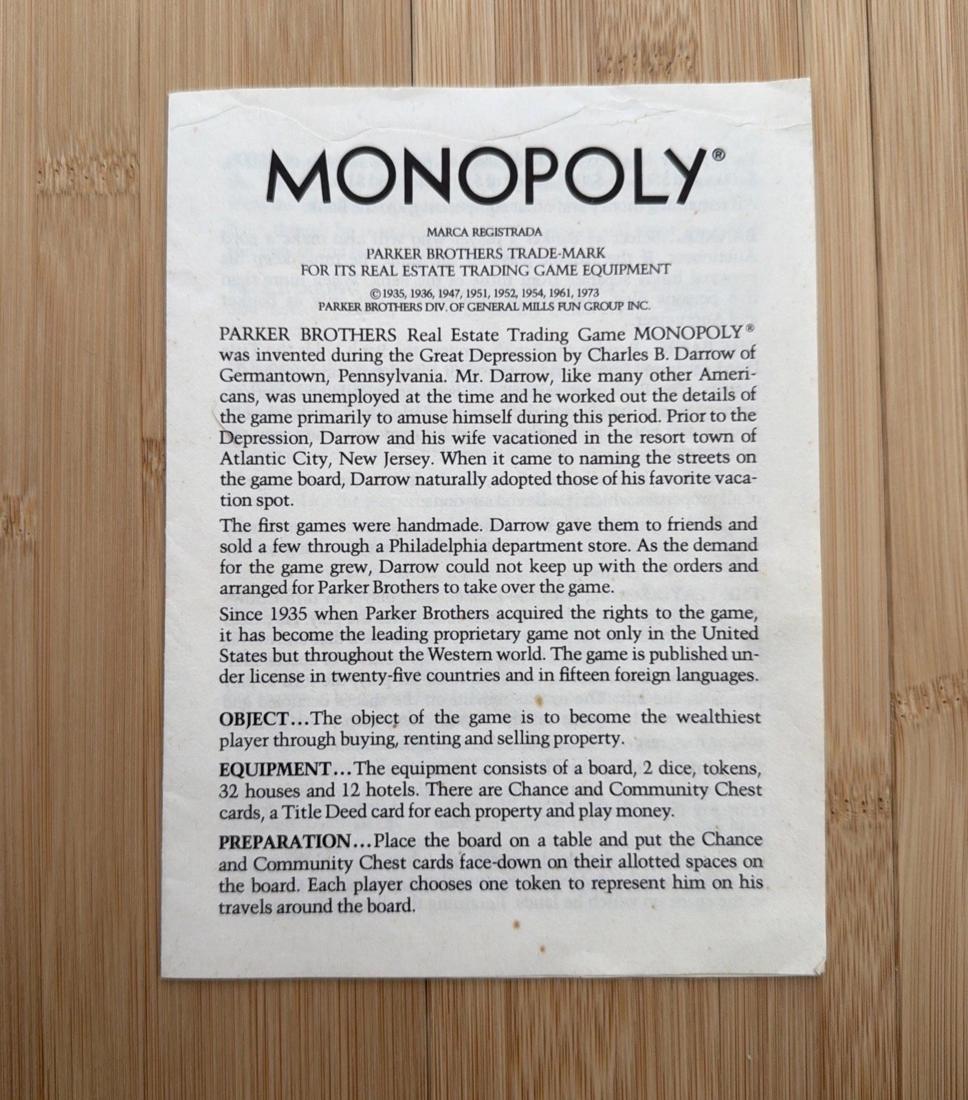 Monopoly Game Instructions Rules Replacement Regular and Short Games 1973-1961