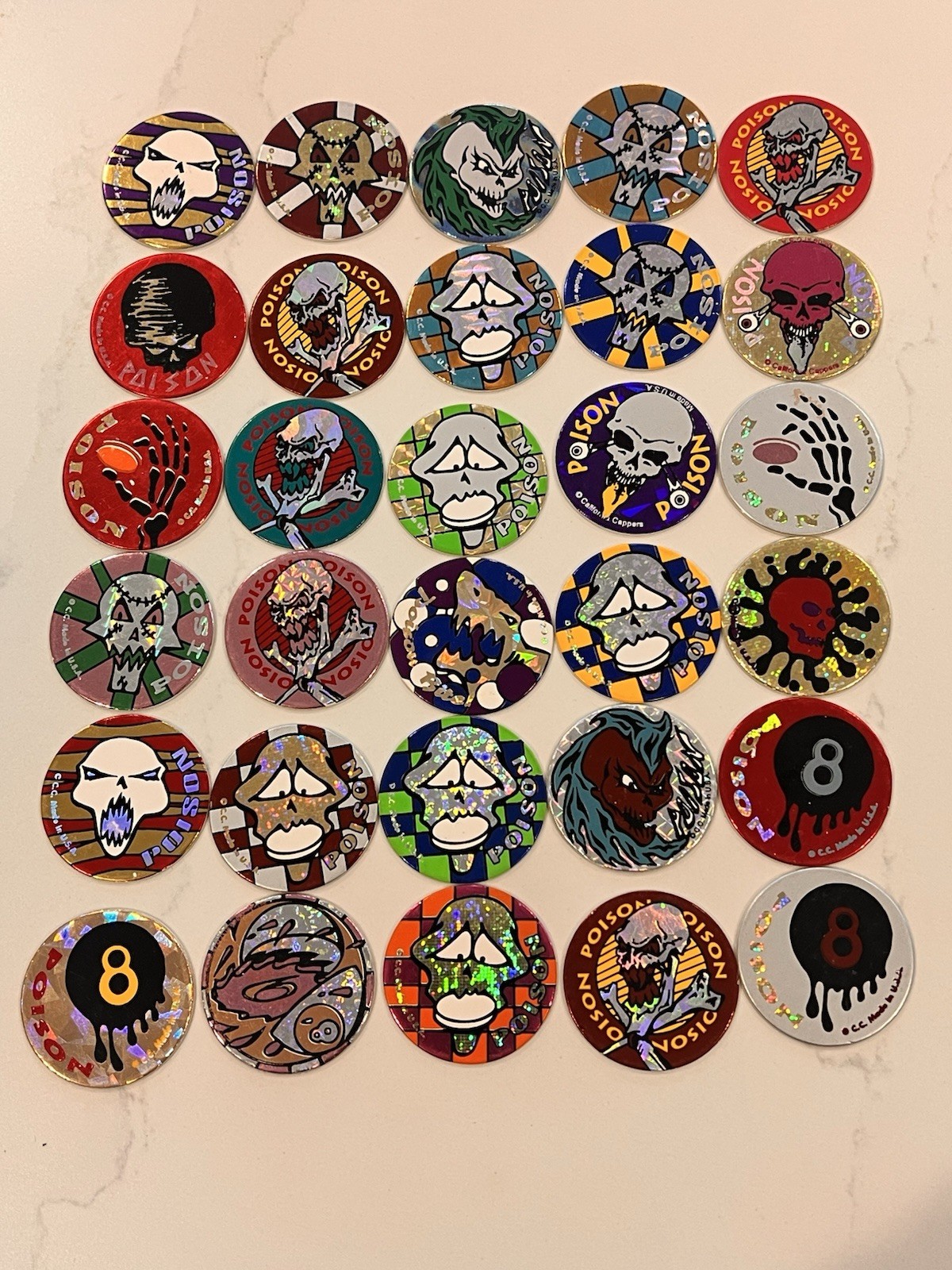 1990s Lot of 30 POISON Skull Bones Pogs Slammer Holographic Milk Caps Lot Mint!