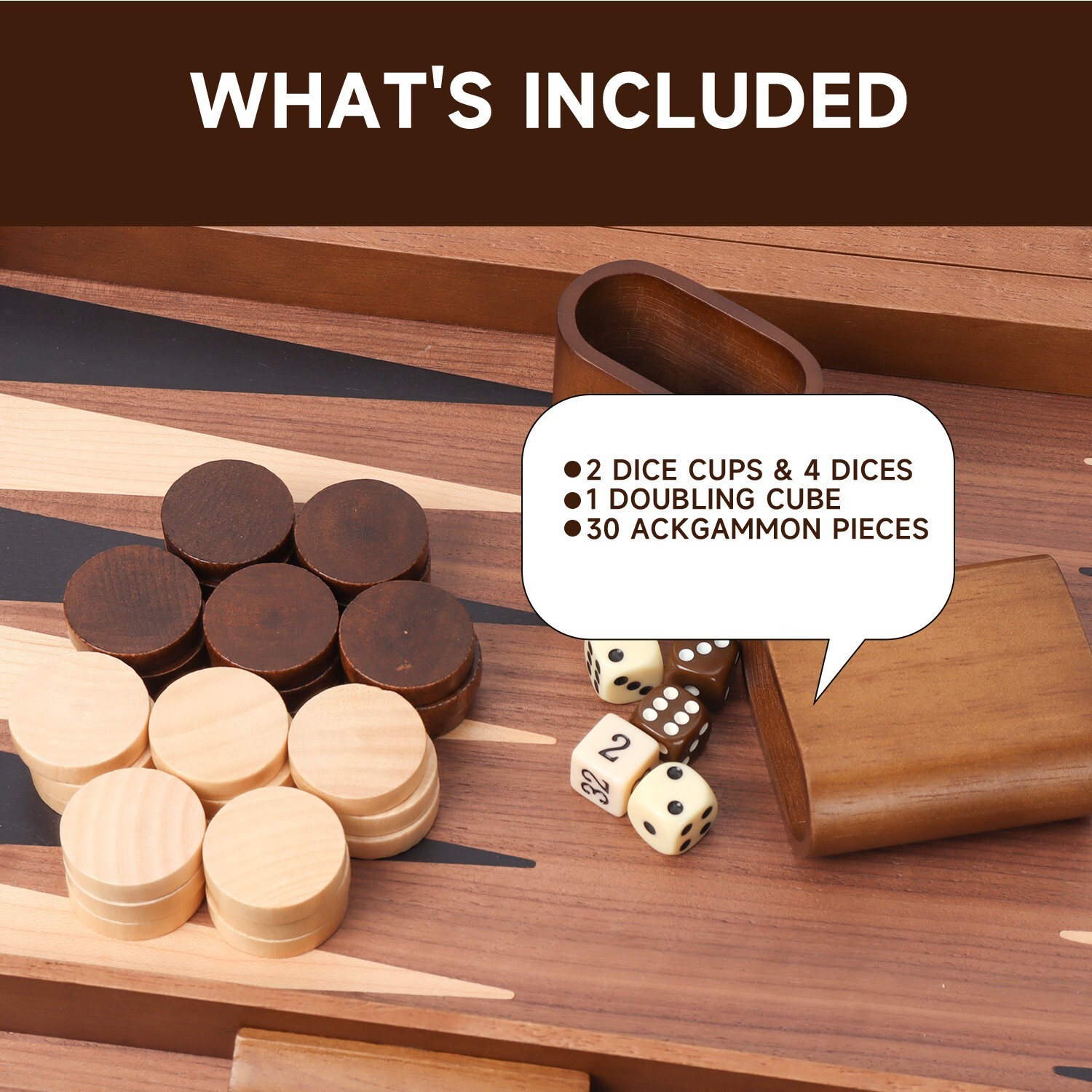 21″ Large Wood Backgammon Board Game Set.Inlay Double Stripe Board w/Game Pieces
