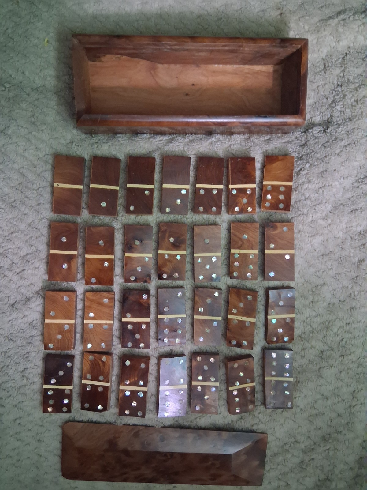 Handmade Burlwood Mother Pearl Wooden Box Set Dominoes Double Six 28 Vintage Set