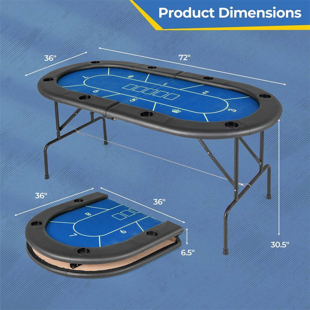 8 Players Card Board Game Table with 8 Cup Holders Casino-Grade Felt Surface Blu