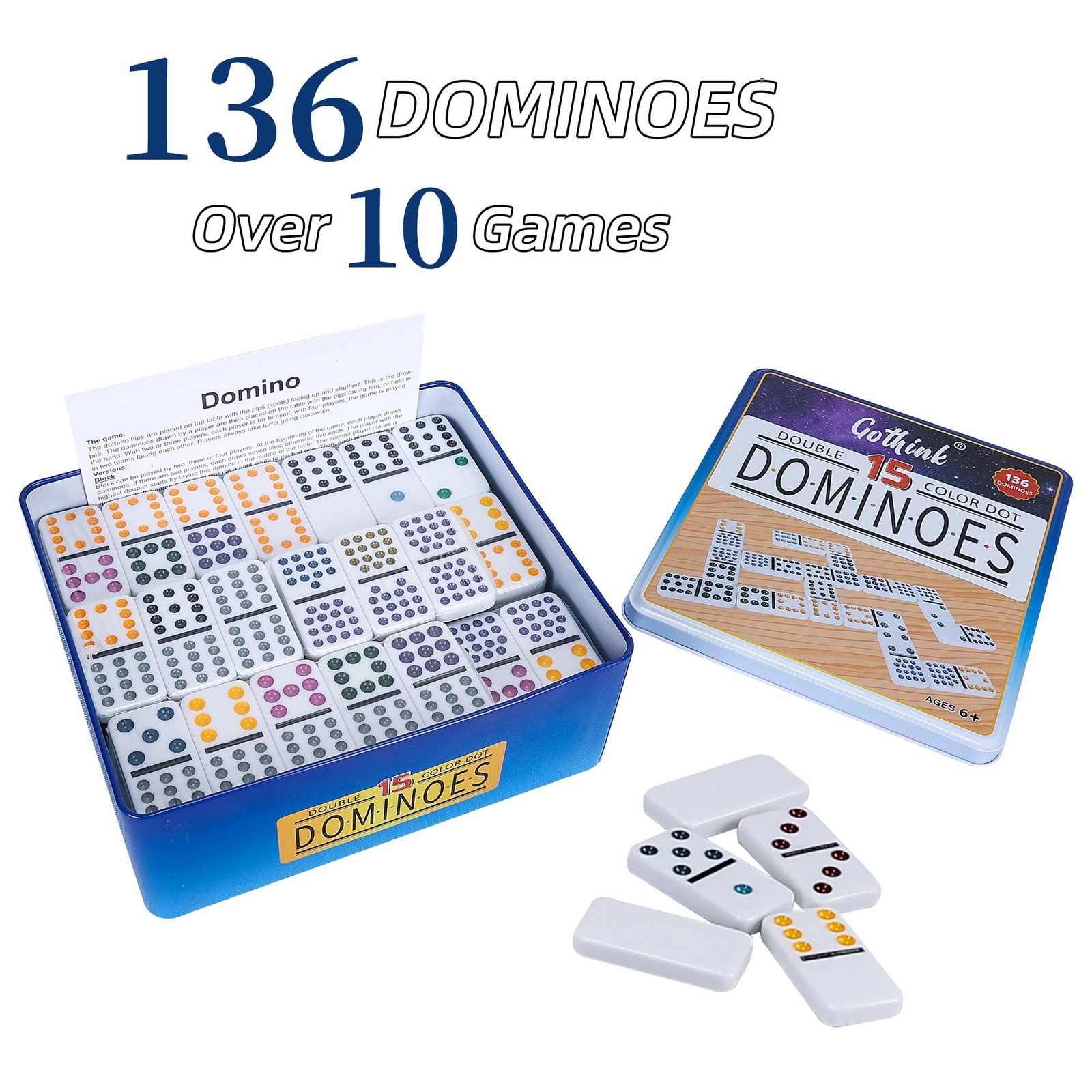 Double 15 Dominoes Set for Adults – Classic 136 Tiles Colored Dots Double Fif…