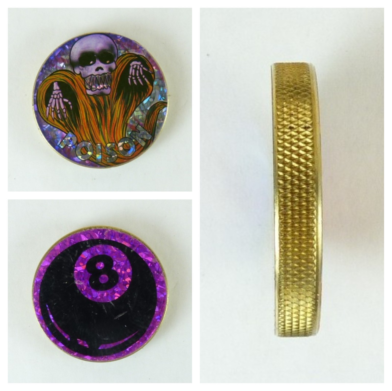 1/4″ Thick 2.5oz Heavy Brass Double Sided Pogs Slammer Poison Skull 8 Ball