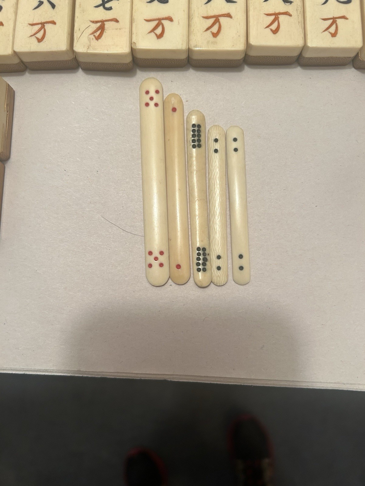 Vintage Bone and Bamboo Mahjong Tiles And Bag of Counting Sticks