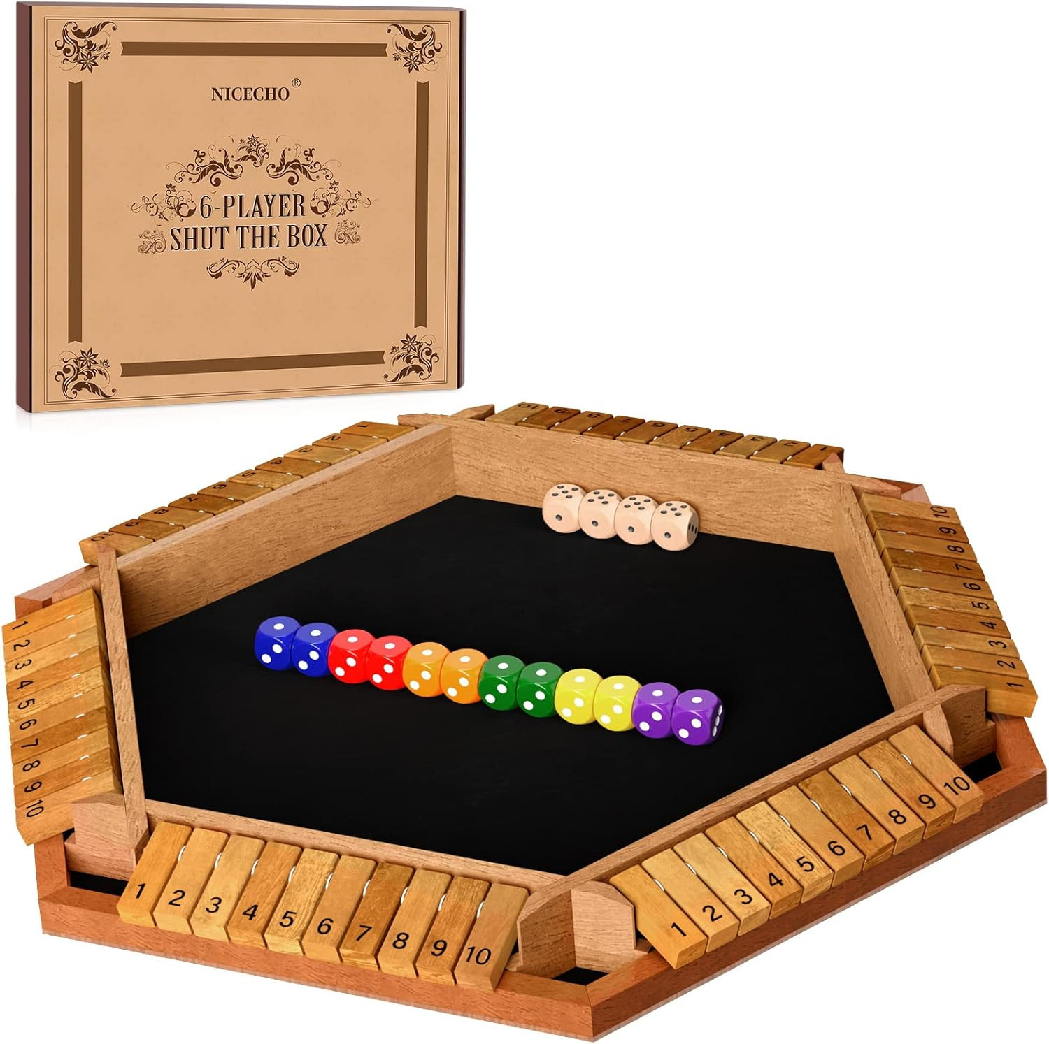 Nicecho 2-6 Players Shut the Box Dice Game, Wooden Board Table Math Game with 16