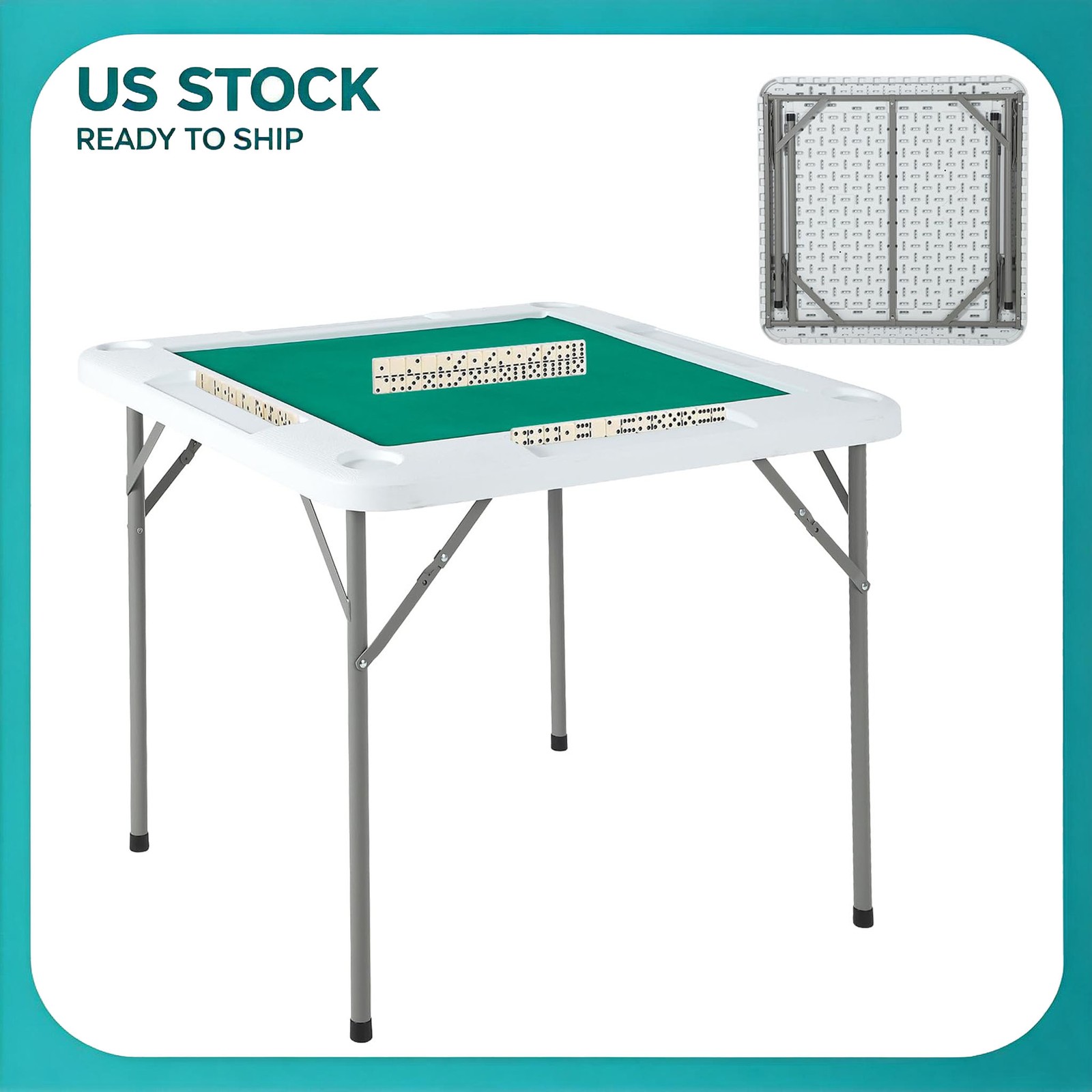4 Player Fold Mahjong Table 35.4in Square Game Desk Green Wear Resist Top Trays