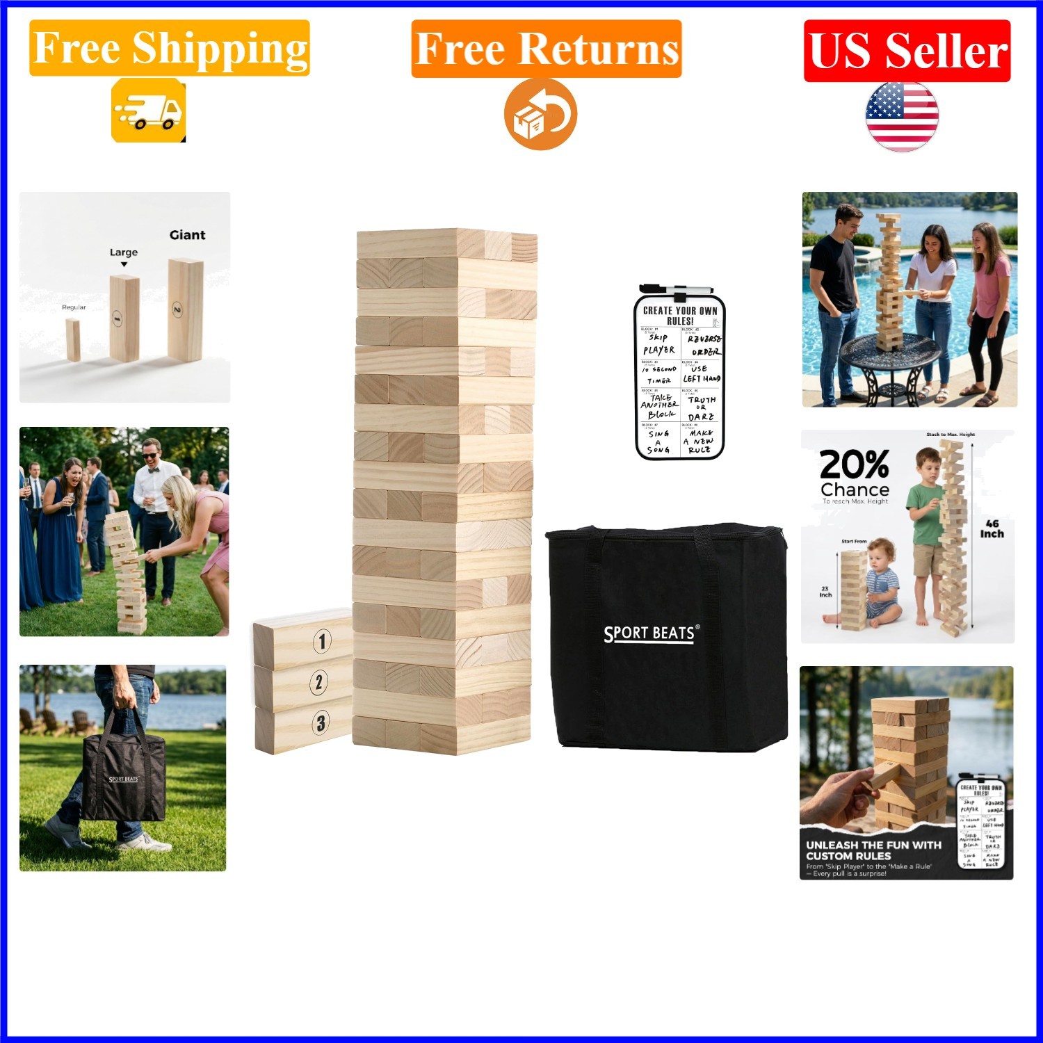 Family & Adults Large Wooden Tower Stacking Game, 54 Blocks, 4 Ft Tall