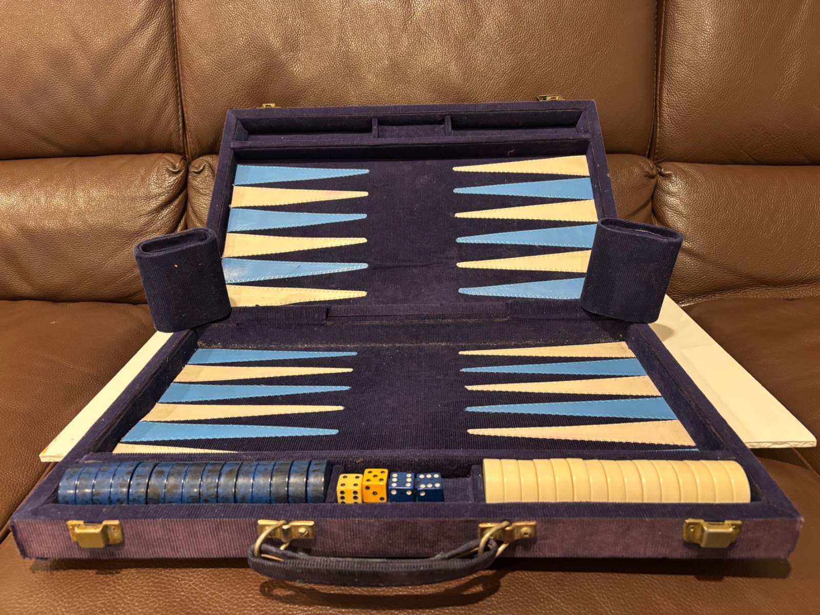 Vintage Backgammon Blue Corduroy Case Blue Black Speck + Cream Checkers