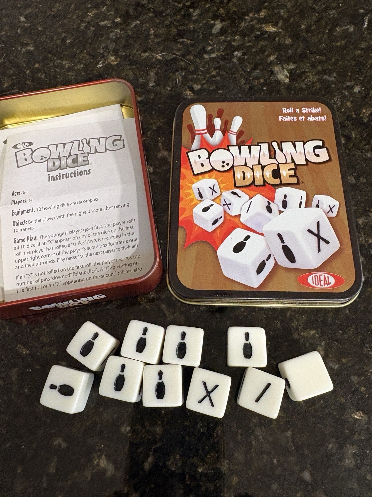 Ideal Bowling Dice Game 10 Dice & Score Pad Tin Container Complete Instructions