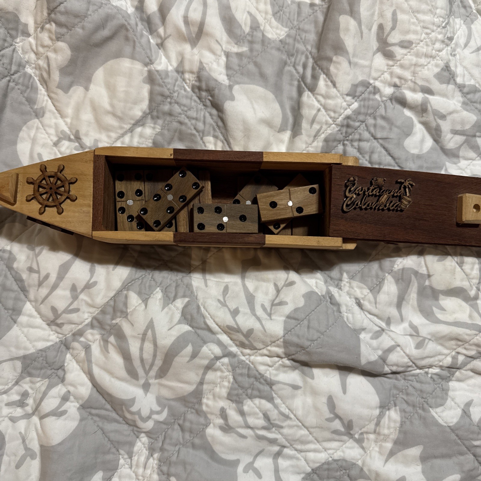 Handcrafted Wooden Dominoes Boat Box Colombia 15 Domino’s Missing Sail
