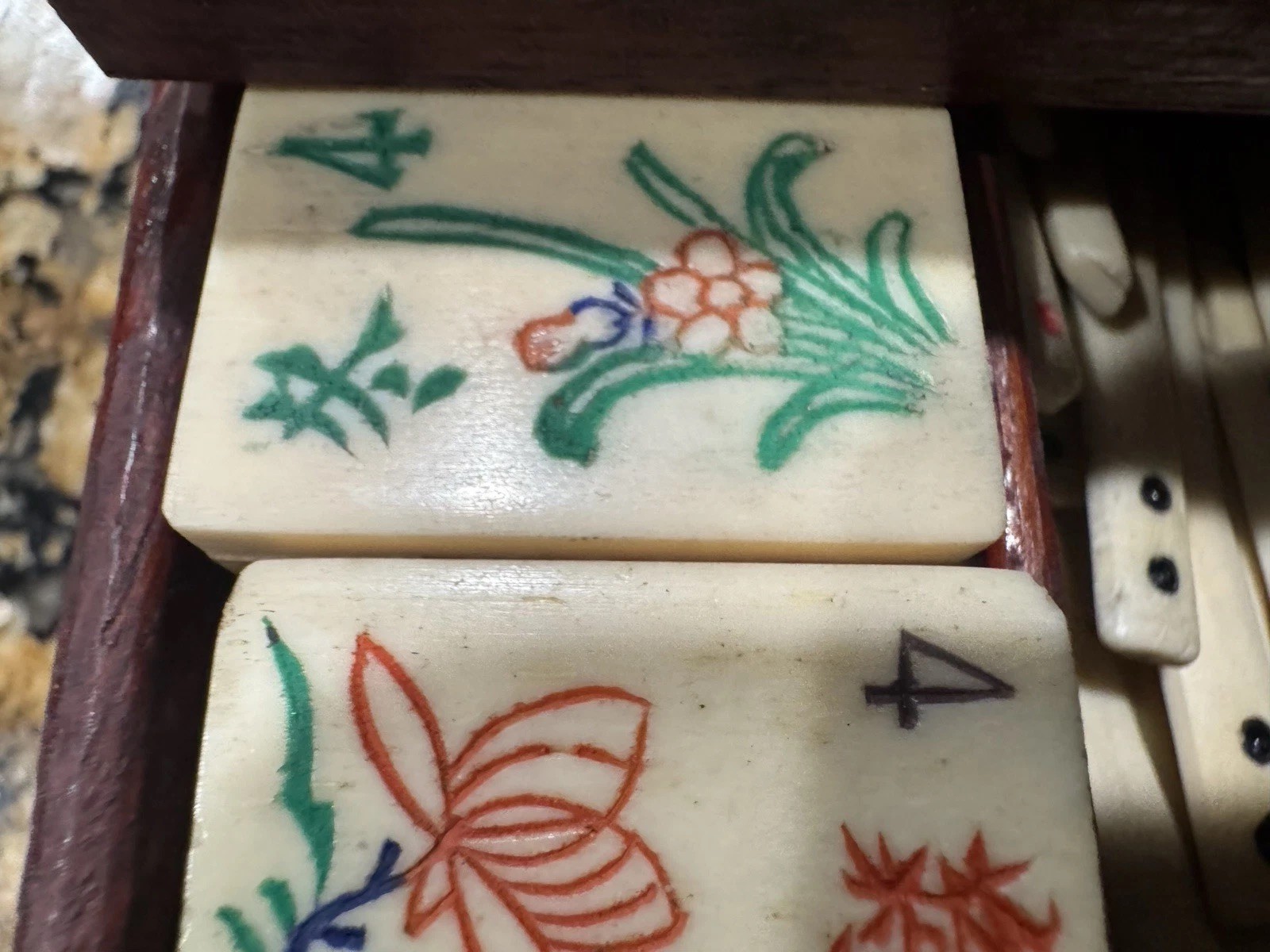 Antique Mahjong 5 Drawer Wood Box Set Bamboo Bone w/DICE/Tiles/Hand Colored