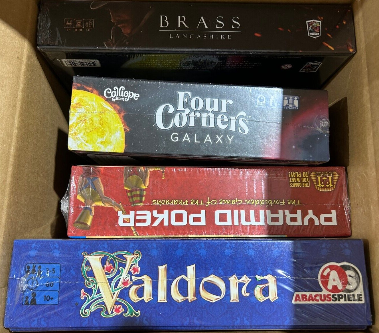 Lot of 4 Board/Card Game MRSP $145 Brass Lancashire, Four Corners Galaxy Valdora
