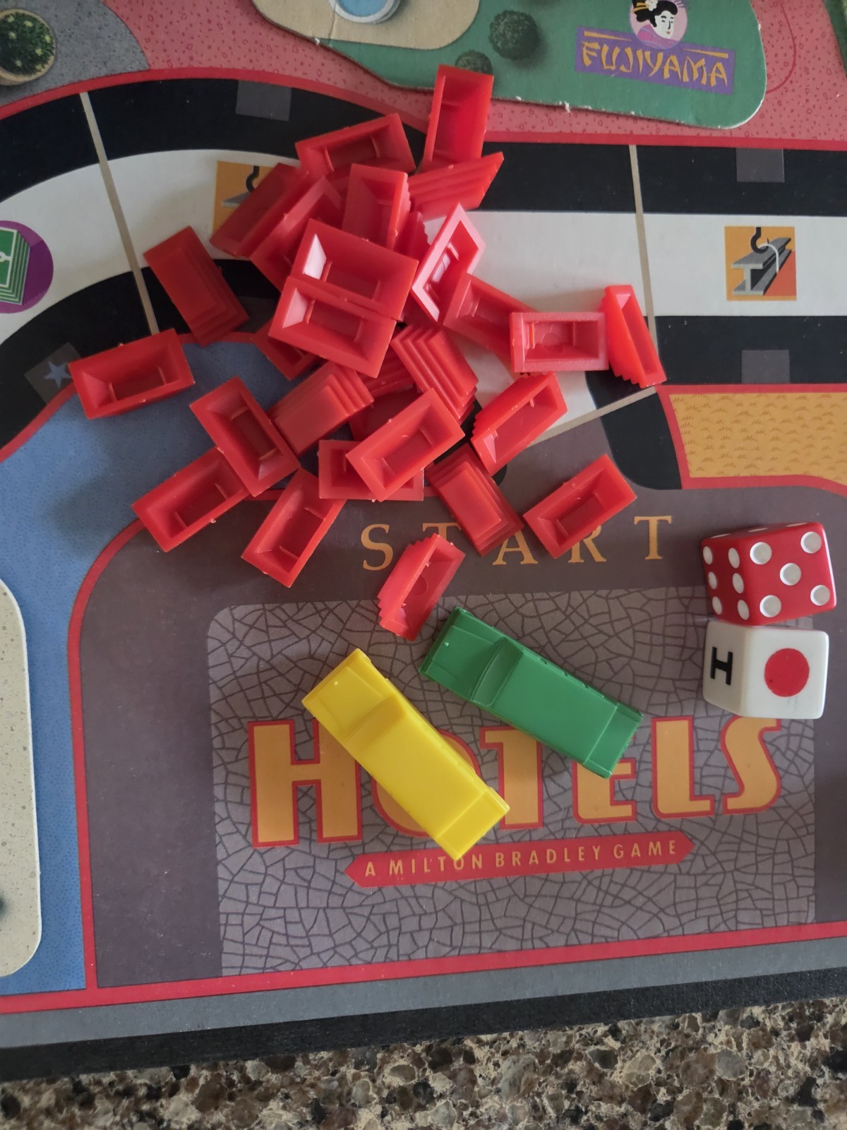 Milton Bradley Hotels Game w/all 3-D Buildings & Dice, Money, 2 Cars, Pools