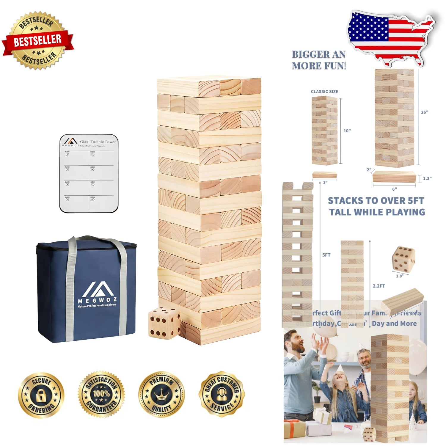 Giant Tumble Tower 60pc New Zealand Pine Blocks Stack to 5ft – Quality