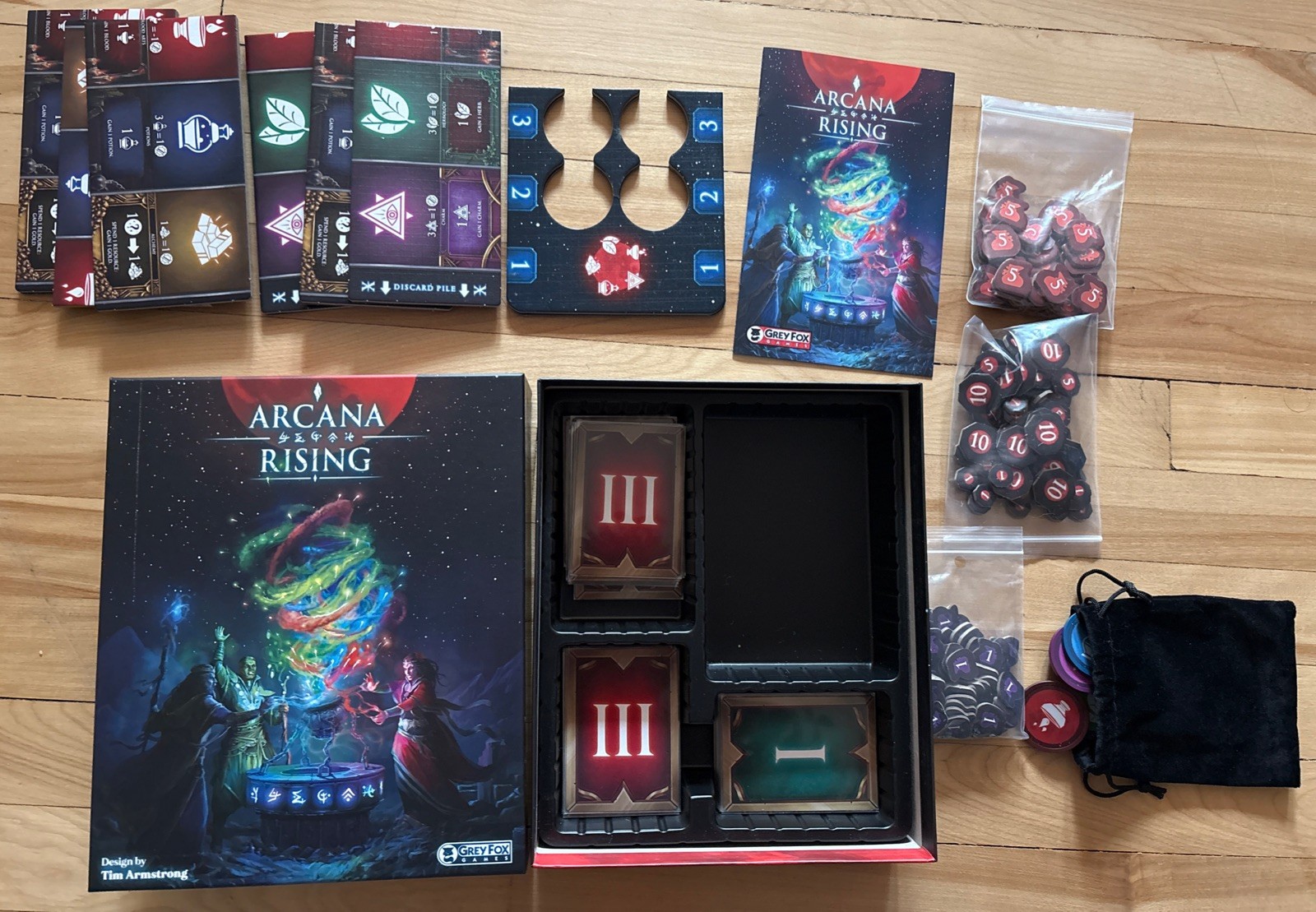 Arcana Rising. Board Game. Ages14+,30-60min;1-6players.Used All Cards In Sleeves