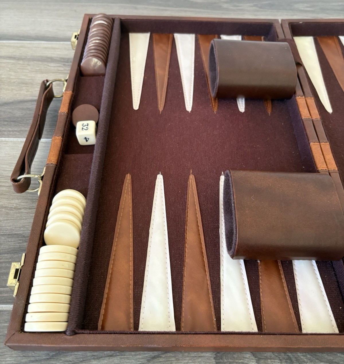 Vintage Backgammon Brown Faux Leather Set with Carrying Case Complete Board Game