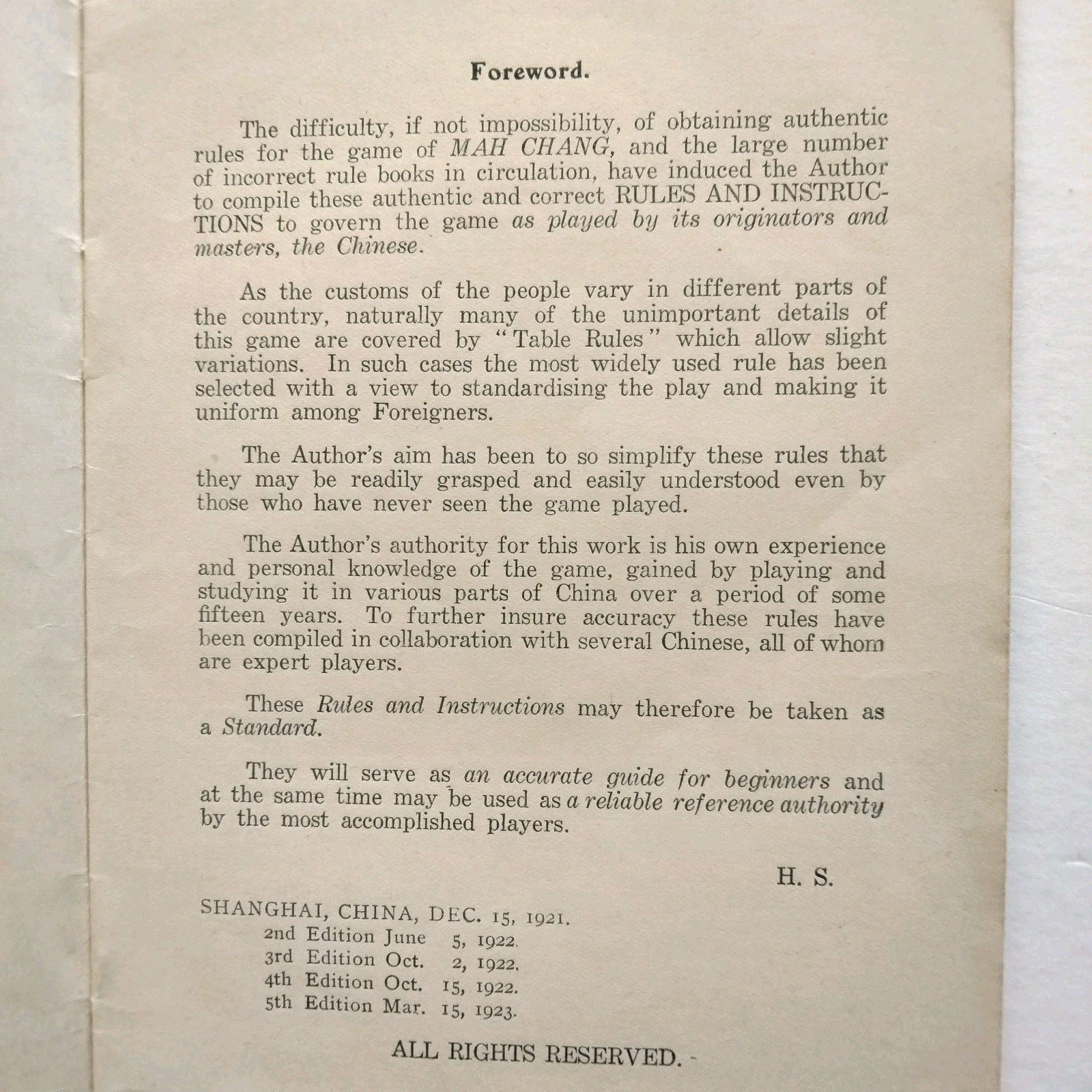 1920s Rules Directions Mah Jong Mah Jongg Mah Chang Manual Harold Sterling