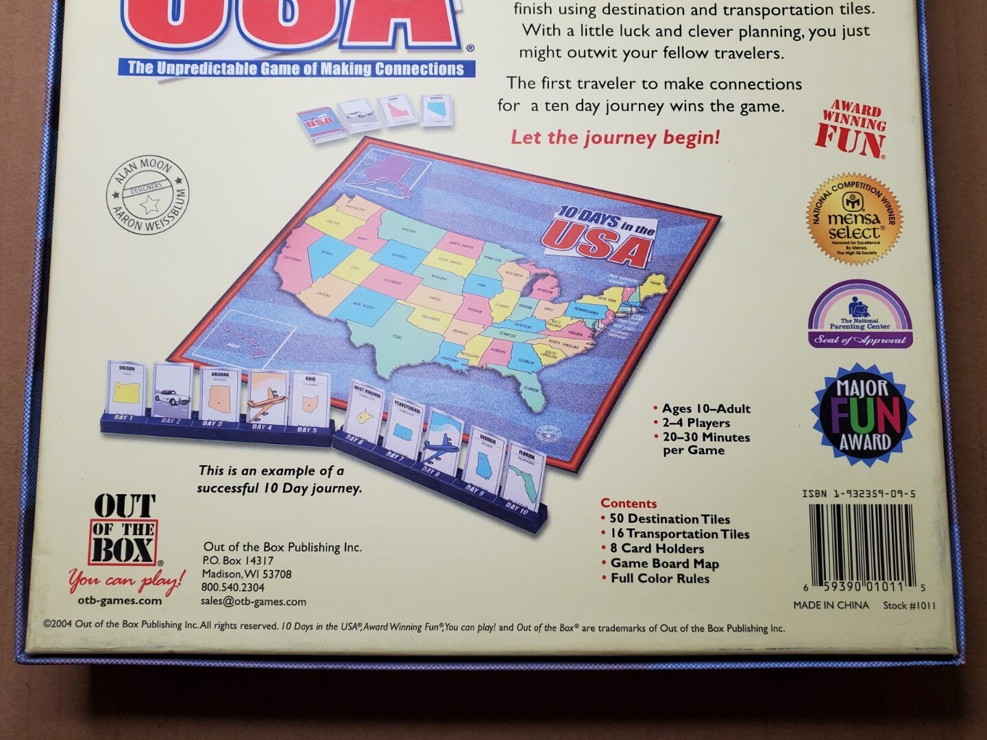 10 Ten Days in the USA Board Game 2004 By Out of The Box Games – 100% COMPLETE!