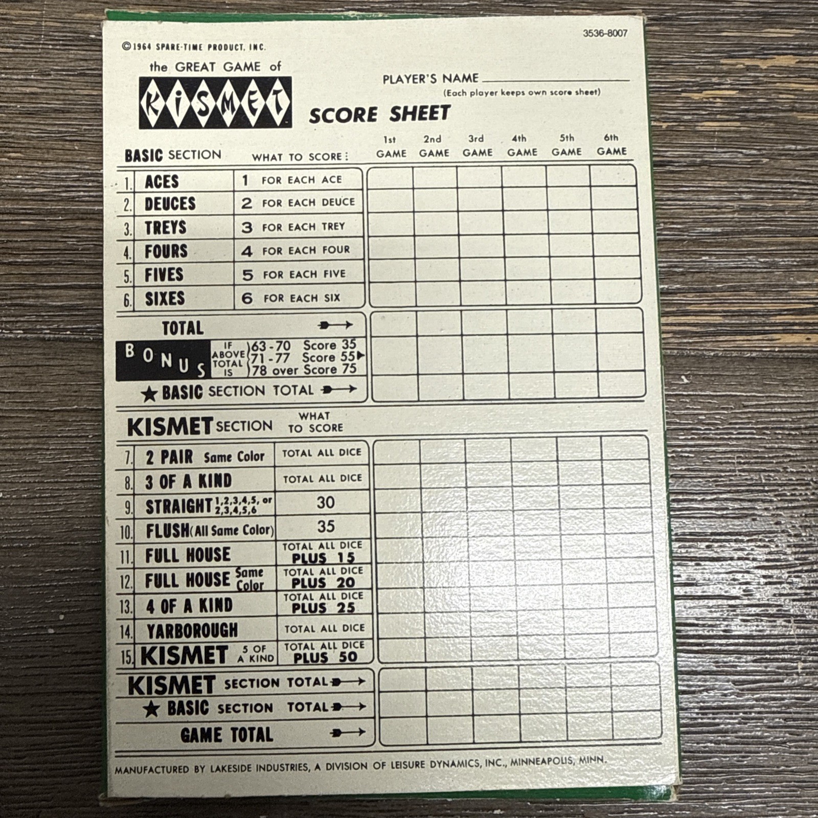 Score Pads Kismet Dice Game (1970) score pads 3 Unused Plus 2 Partials Plus