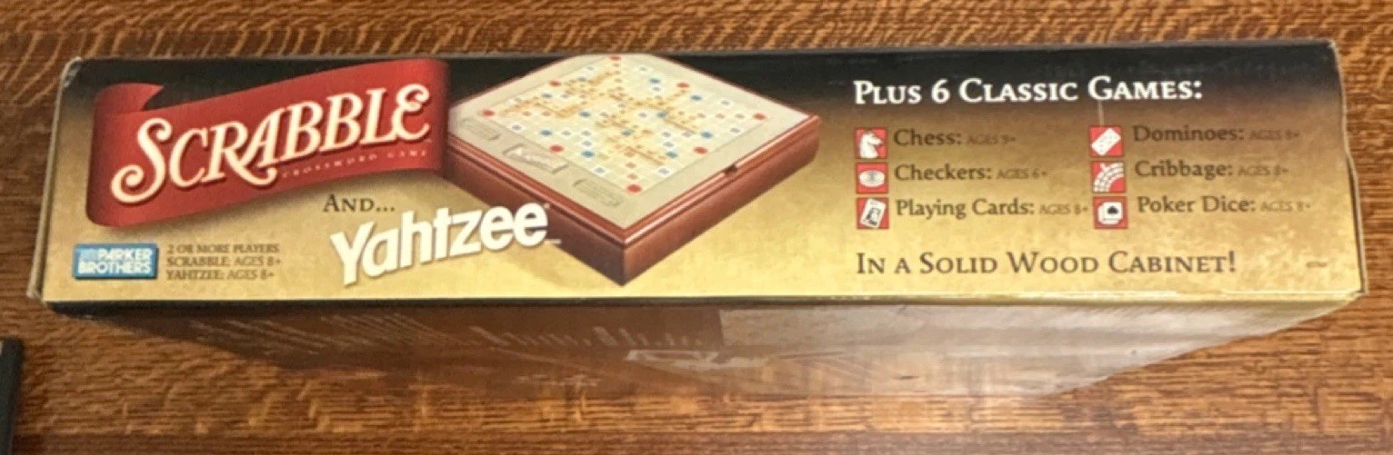 Parker Brothers Hasbro Scrabble Yahtzee Plus 6 Classic Games Solid Wood Cabinet